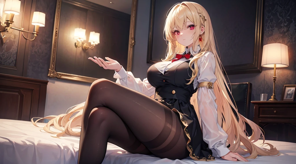Highest quality, masterpiece, figure, wallpaper,One girl,White shirt, Light Hair, Beautiful detailed girl, Highly detailed eyes and face, Beautiful attention to detail, Shine,Browsing Caution, View your viewers, bed, night, Black Pantyhose, Straight hair, Red Eyes, long hair,Blonde, thick_Thighs, Large Breasts, Red eyes,Sitting,Detailed fingering,clear background, deep night