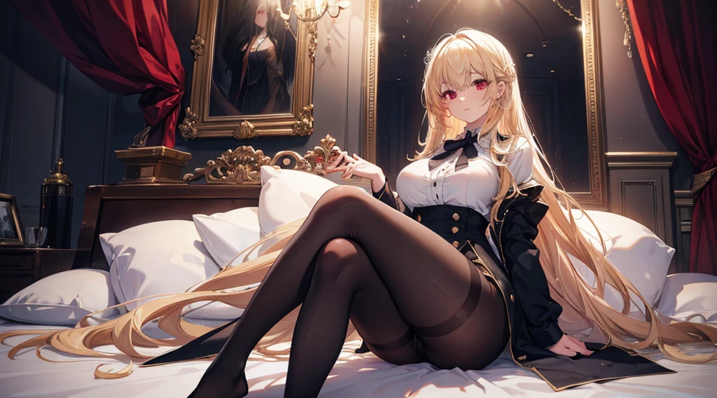 Highest quality, masterpiece, figure, wallpaper,One girl,White shirt, Light Hair, Beautiful detailed girl, Highly detailed eyes and face, Beautiful attention to detail, Shine,Browsing Caution, View your viewers, bed, night, Black Pantyhose, Straight hair, Red Eyes, long hair,Blonde, thick_Thighs, Large Breasts, Red eyes,Sitting,Detailed fingering,clear background, deep night