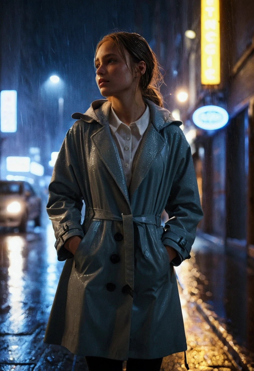 1girl,night city,rain,coat,hands in pockets