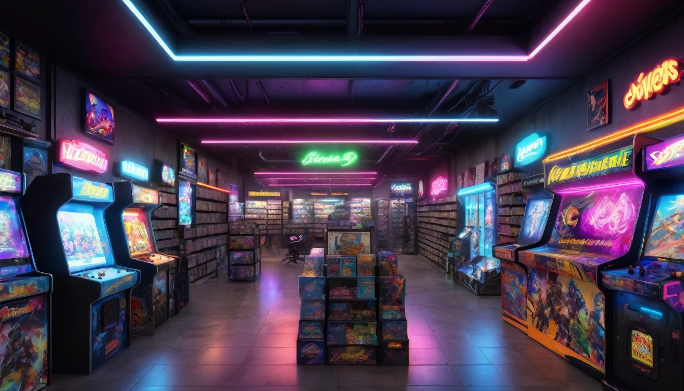 a video game store, detailed interior of a video game shop, shelves of video games, various game consoles, neon signs, gaming peripherals, arcade machines, enthusiastic customers, bright and vibrant lighting, detailed textures, realistic 3D rendering, hyperrealistic, photorealistic, dramatic lighting, moody atmosphere, dynamic composition, warm color tones, volumetric lighting, detailed reflections, intricate details, high resolution, best quality, 8k, masterpiece