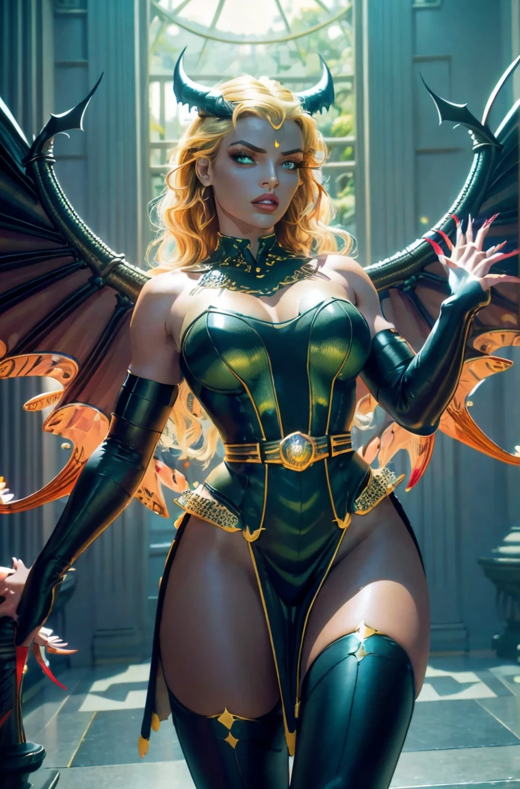 Standing wearing a full colorful dress that covers her thighs BLONDE A female blonde succubus with bat wings tipped with claws, with mesmerizing feature masterpiece, top quality, best quality, official art, beautiful and aesthetic:1.2), (1girl), extreme detailed,(fractal art:1.3), colorful, highest detailed, (masterpiece, best quality:1.3) 1 bright-amber, blue, green cat like-eyes, professional digital painting, Unreal Engine 5. wearing a dress, matching thin belt with a high waist thick heeled full covered shoes, oxfords, Seductive Hopeful expression, finely detailed eyes, happy mood, Wearing a full coverage blouse, epic scene, epic composition, Cinematic Lighting, Volumetric Lighting, ethereal light, intricate details, extremely detailed volumetric rays. oil painting, Detailed facial features, Sunlight, bright colors, dramatic lighting, expressive eyes and lips, High Resolution, 4K quality, Photorealistic