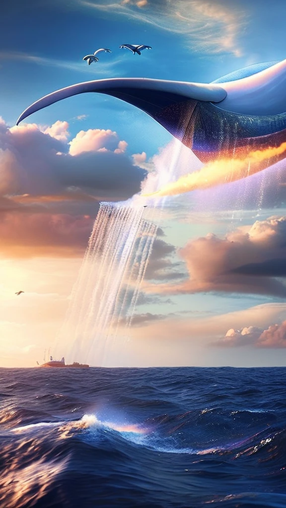 a flying whale, fantasy whale, cinematic dramatic lighting, atmospheric mist, dramatic clouds, epic landscape, detailed textures, volumetric lighting, dramatic composition, overcast sky, warm color tones, highly detailed, photorealistic, cinematic, masterpiece