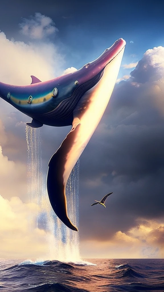 a flying whale, fantasy whale, cinematic dramatic lighting, atmospheric mist, dramatic clouds, epic landscape, detailed textures, volumetric lighting, dramatic composition, overcast sky, warm color tones, highly detailed, photorealistic, cinematic, masterpiece