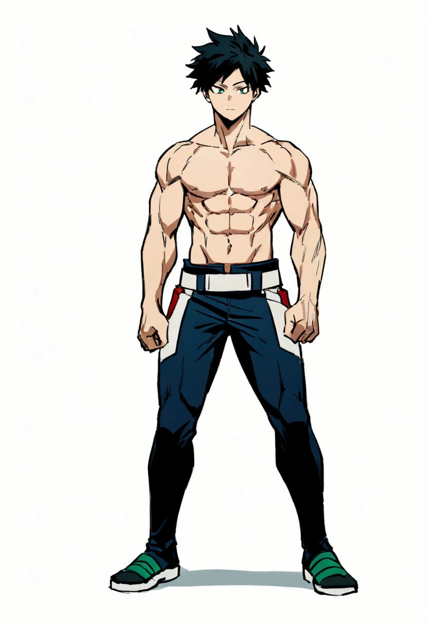 He is a , He has slightly disheveled very black hair..., somewhat light green eyes, (front angle ) , (full body), muscular body , He is dressed in the anime uniform. "my hero academia", without the shirt, just with pants
