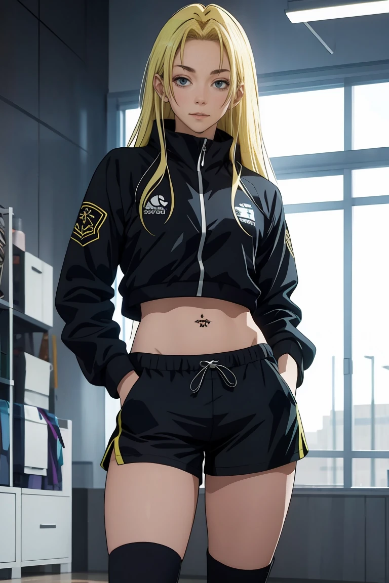 Yuki tsukumo from jujutsu kaisen, long hair, blonde hair, long belly, big , tight body , 1girl, photo_background, gym, shorts, long_hair, thighhighs, short_shorts, crossed_arms, navel, black_shorts, solo, looking_at_viewer, midriff, black_thighhighs, navel_piercing, dolphin_shorts, lips, realistic, tattoo, jacket, breasts, standing