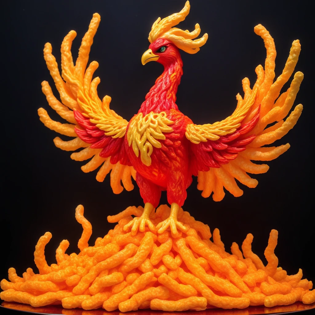 A majestic phoenix made with Cheeto Flamin Hot Standing., flames