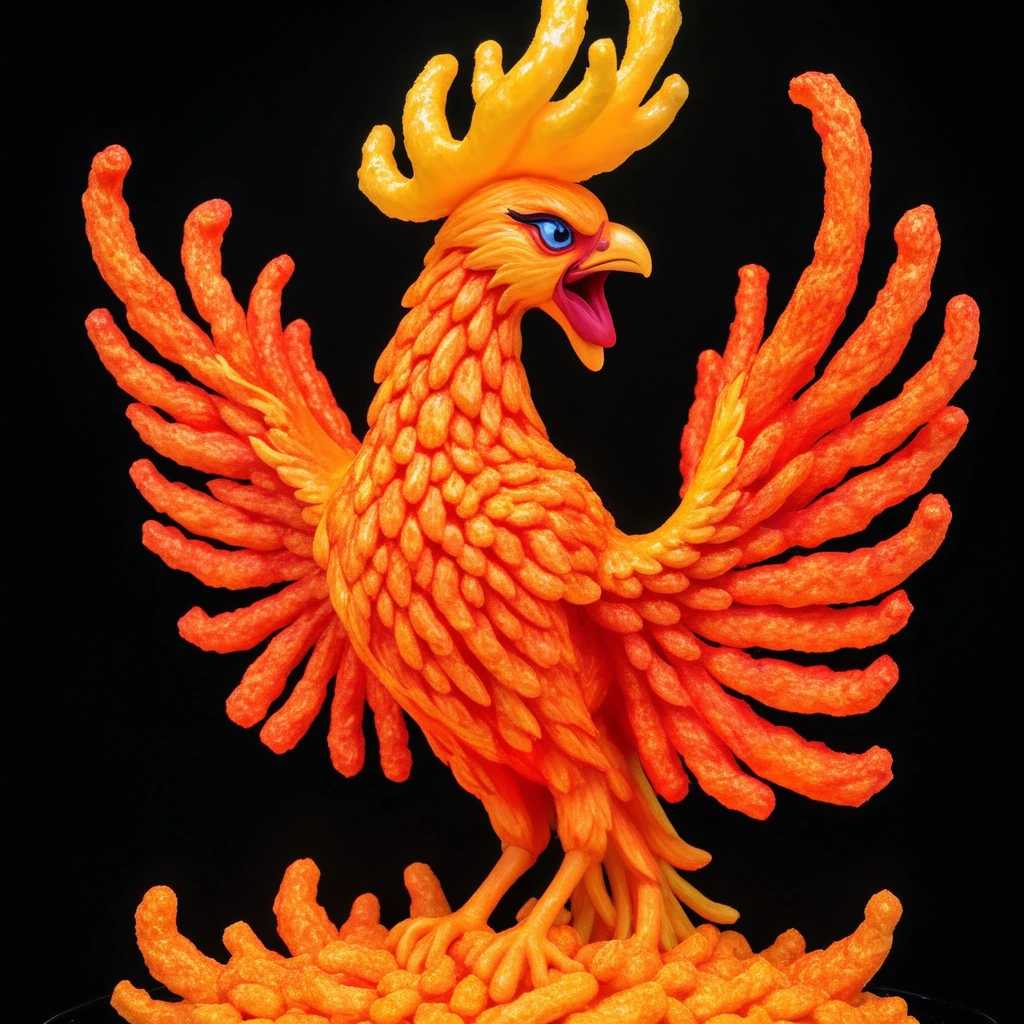 A majestic phoenix made with Cheeto Flamin Hot Standing., flames