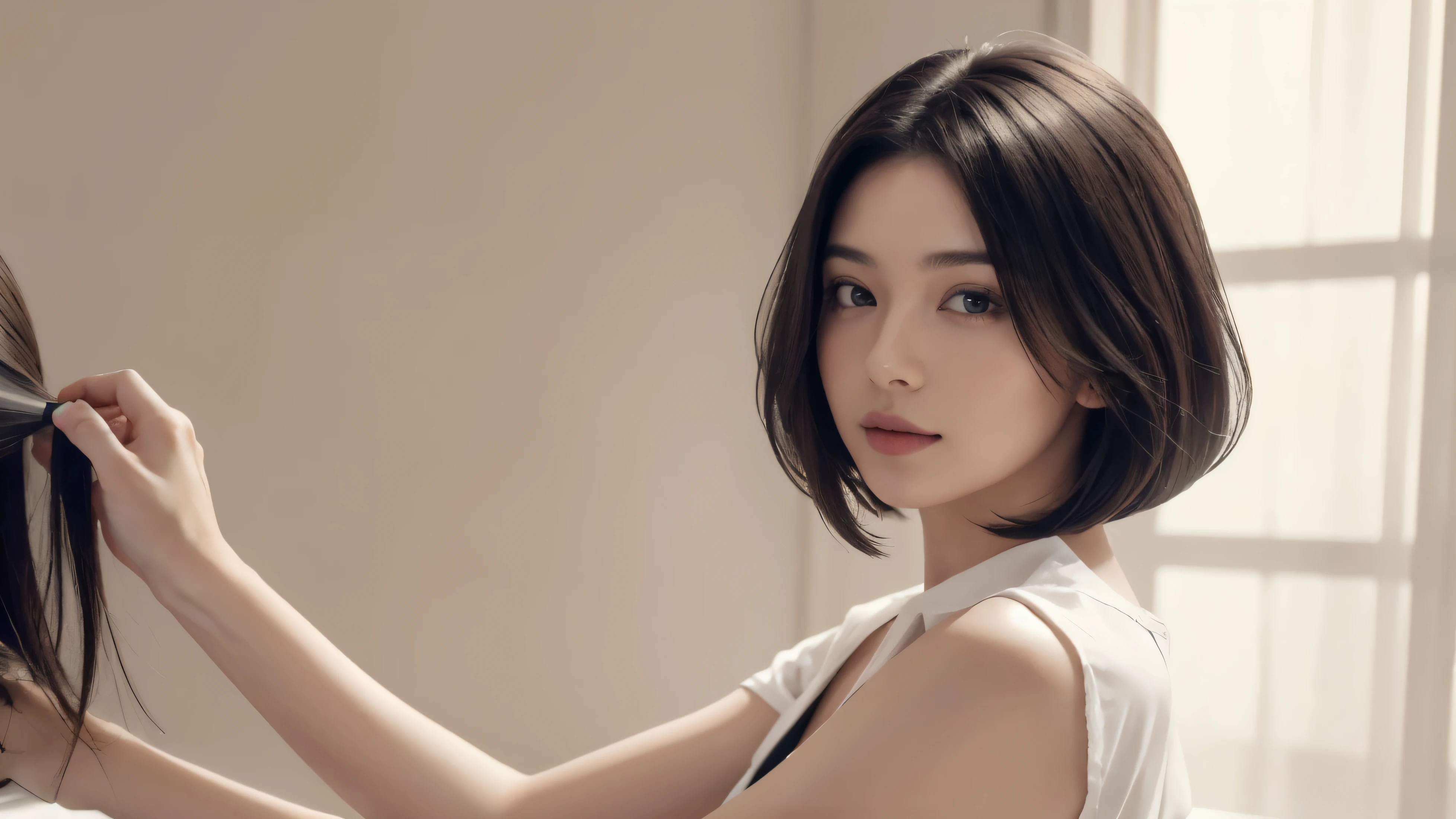 8k, Highest quality, masterpiece, Realistic, Super detailed, photo Realistic, Improvement of quality, Model-like features,The background is a white-decorated beauty salon, Advertisement for a job as a hairdresser, Large chunk, Photobash, Calm face, Natural Beauty, Looks like it could be the cover of a job ad,A woman in her early 20s aiming to become a hairdresser,Size 16:9 for horizontal position,Hairstyle is bob style,A shot showing the upper body,Shows about 20% of the skin、