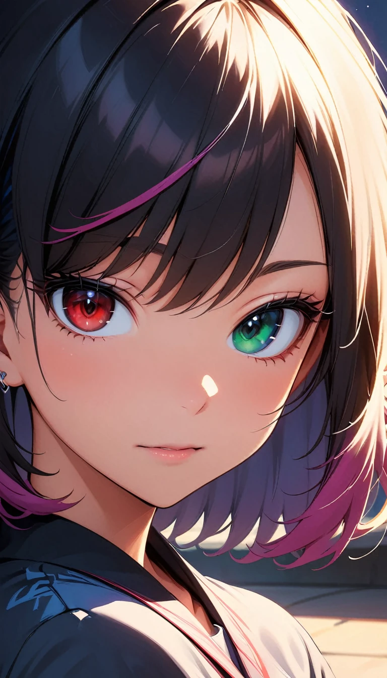 (highest quality:1.2, Very detailed, up to date, Vibrant, Ultra-high resolution, High Contrast, masterpiece:1.2, highest quality, Best aesthetics), Portraiture、girl、solo, 25-years-old, slim, , heterrochromia, green eye, red eye, Bright colors、Beautiful fine details、Beautiful lip detail、extra short hair, ((bob cut:1.5))、pink and purple ((streaked hair:1.9)), (highlights hair: 1.6), (small breast:1.3), (tan skin:0.7), (traditional yukata), summer festival, bon dance, ((smile:0.5)), ((cowboy shot:1)),
