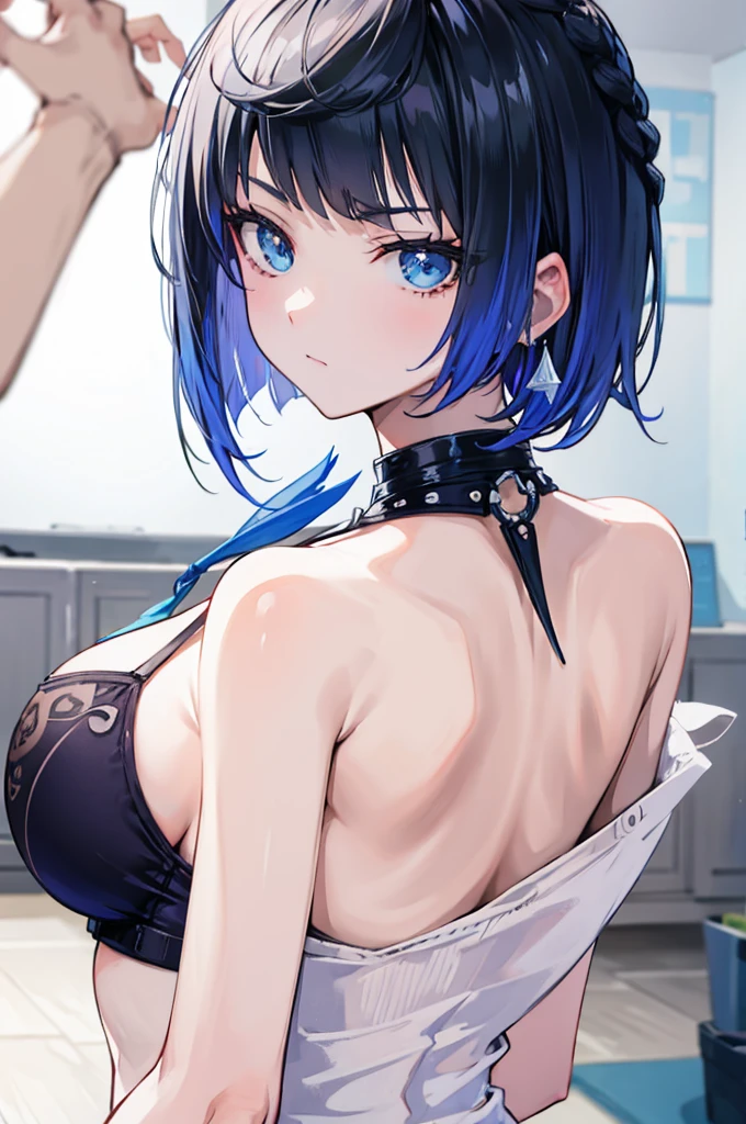 Adult woman, Short blue hair, blue eyes, big breastes, pale skin, Ice Crown, ice dress, Cold, emotionless look, blue lipstick, Masterpiece, hiquality