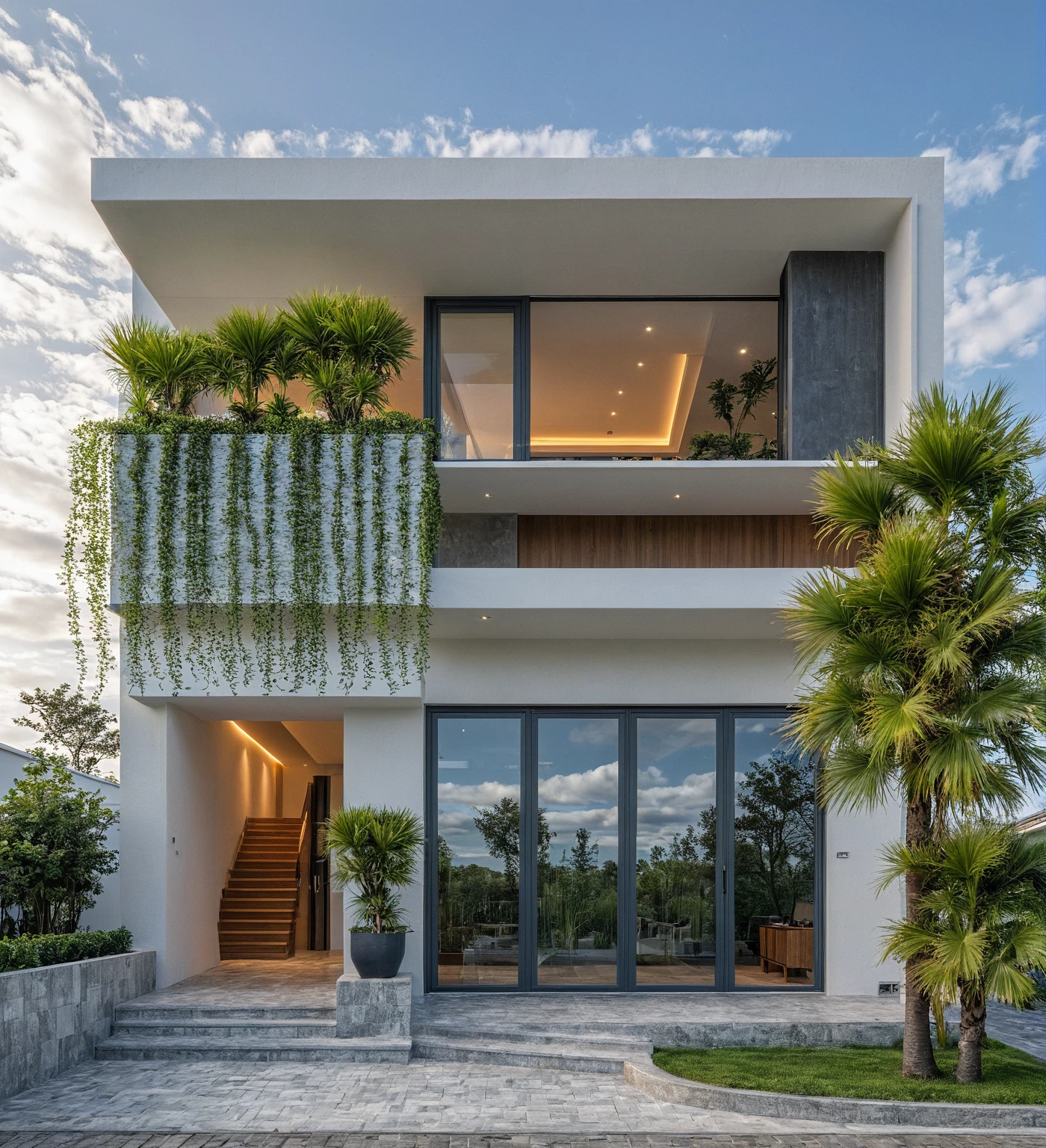 Masterpiece, high quality, best quality, authentic, super detail, outdoors, onestoreyvillaXL, aiaigroup, house style modern on the street ,stairs, white wall ,road,pavement, grass, trees, sky, cloud, (daylight:1.1)