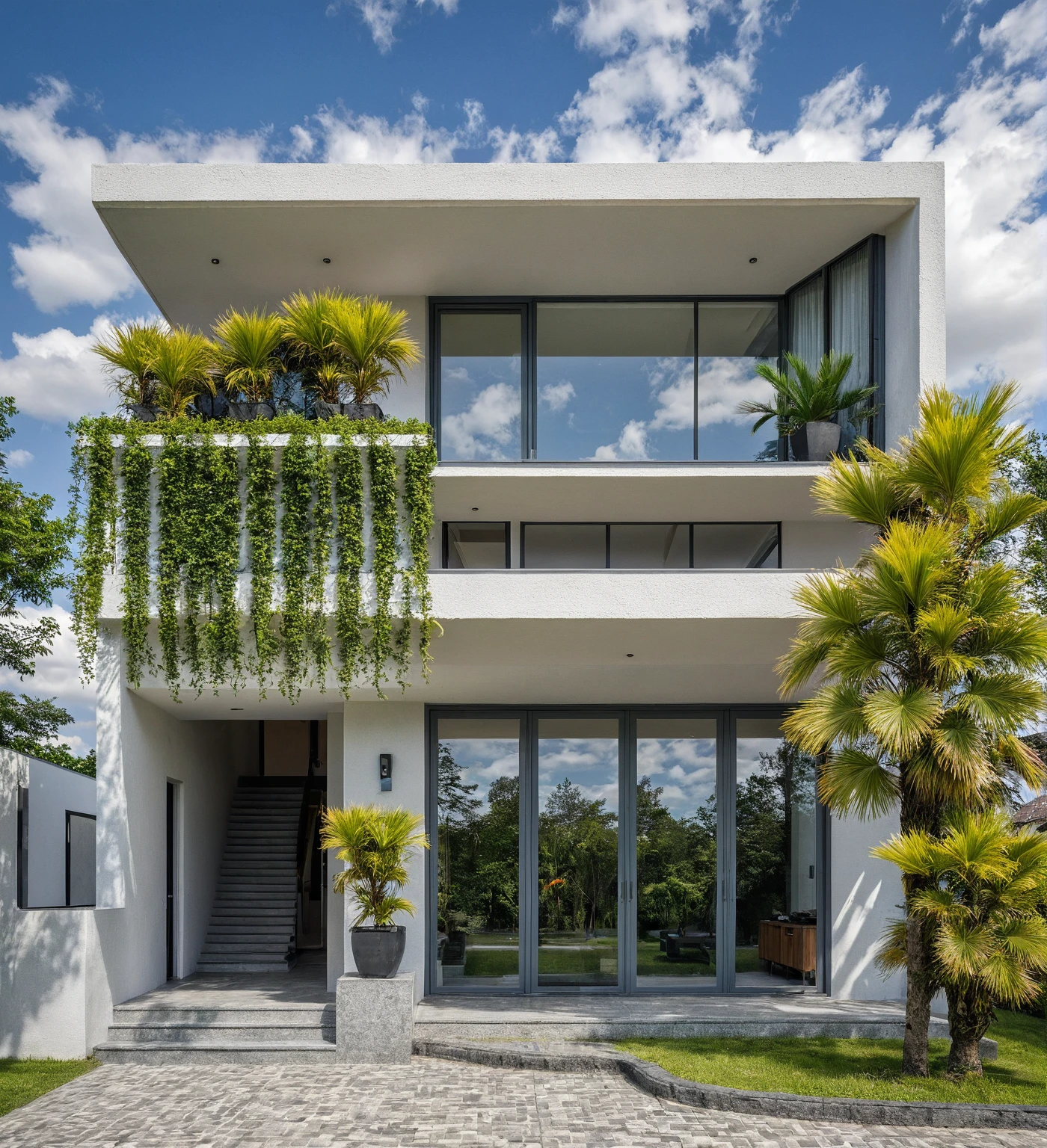 Masterpiece, high quality, best quality, authentic, super detail, outdoors, onestoreyvillaXL, aiaigroup, house style modern on the street ,stairs, white wall ,road,pavement, grass, trees, sky, cloud, (daylight:1.1)
