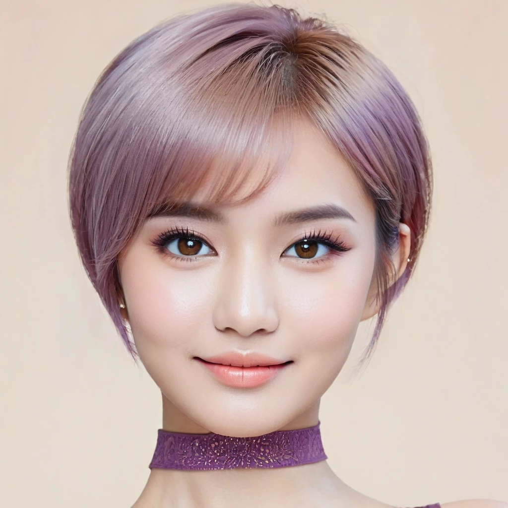 masterpiece, realistic photograph, highly detailed, beautiful, a cute young indonesian woman, sleek straight hair, short bowcut haircut with undercut, purpled salmon haircolor, light makeup, brown eyes. detailed on the face and eye. elegant pose. charming and calming look. smiling slightly. blurred outdoor background.