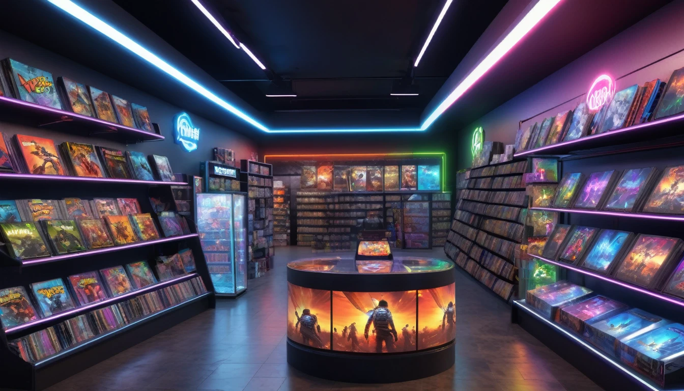 a video game store, detailed interior of a video game shop, aisle's of video games, shelves of video games, neon lights various game consoles, action figure aisle , gaming peripherals, bright and vibrant lighting, detailed textures, realistic 3D rendering, hyper realistic, photorealistic, dramatic lighting, moody atmosphere, dynamic composition, warm color tones, volumetric lighting, detailed reflections, intricate details, high resolution, best quality, 8k, masterpiece