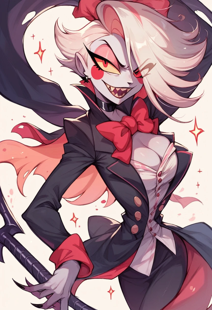 Angel Dust, 1boy, white hair, choker, bowtie, striped suit, white suit, red gloves, black shorts, thigh boots, black thighhighs, four arms, sharp teeth, pink freckles, chest tuft, pink eyes, (black sclera on right eye, heterochromia), perfect anatomy, cowboy shot
