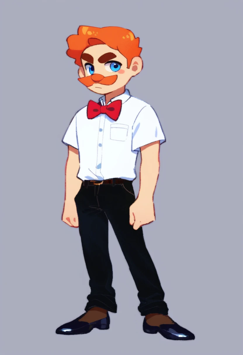 mr_goodman, solo, 1boy, standing, full body, Really tall, blue eyes, brownish orange mustache, brownish orange hair, thick eyebrows, red bowtie, white shirt, black long sleeved suit, black shoes