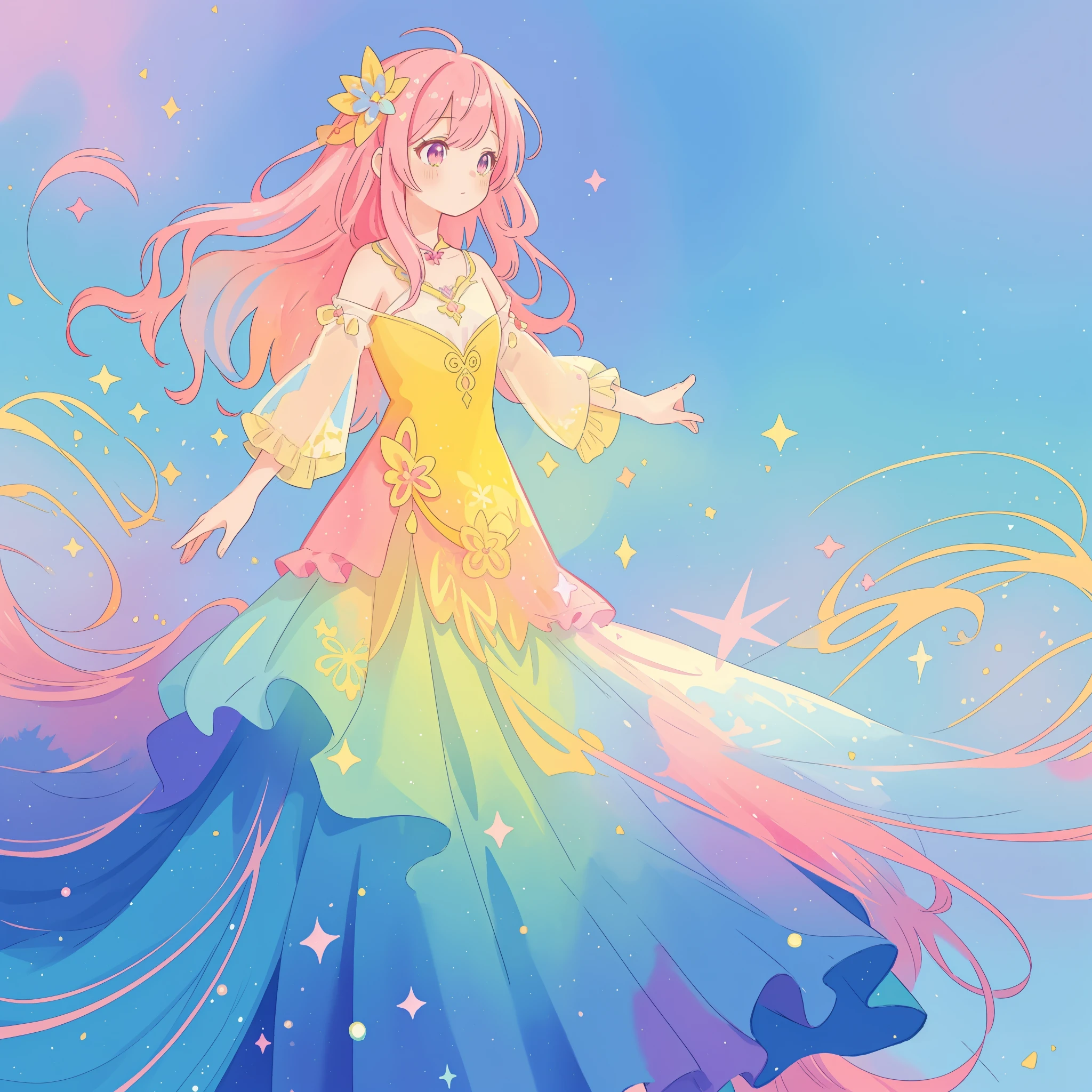 beautiful girl in flowing multi-layered colorful ballgown, sparkling, long flowing pink hair, vibrant pastel colors, colorful, watercolor illustration, masterpiece, best quality, sharp focus, intricate detail, highly detailed, 8k resolution, beautiful face, golden ratio, perfection, fantasia background, otherworldly, whimsical, magical
