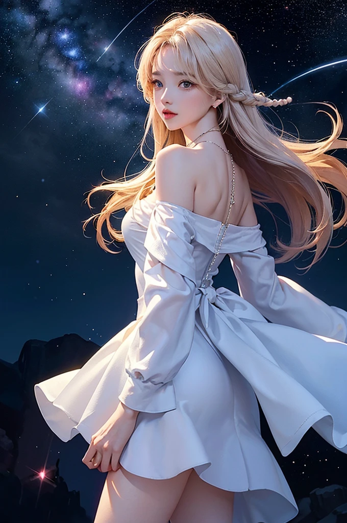 (masterpiece:1.5, Highest quality, Very detailed、 Dutch Angle、Semi-realistic、Fantasy)(One Girl, alone)(White and beautiful hair:1.4,,Straight Long Hair)(White based dress)、((Off the shoulder、Mid-chest、ruby necklace))(from back side,The buttocks are slightly visible、Legs wrapped in tights)(Beautiful starry sky、Mystical Night、Particles of light float around the woman、Fantasy space)