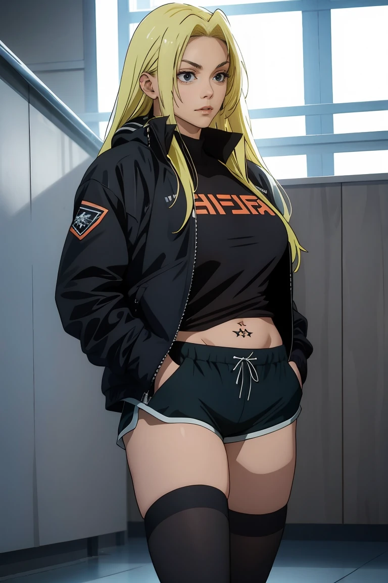 Yuki tsukumo from jujutsu kaisen, long hair, blonde hair, long belly, big , tight body , 1girl, photo_background, gym, shorts, long_hair, thighhighs, short_shorts, crossed_arms, navel, black_shorts, solo, looking_at_viewer, midriff, black_thighhighs, navel_piercing, dolphin_shorts, lips, realistic, tattoo, jacket, breasts, standing