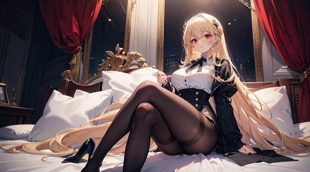 Highest quality, masterpiece, figure, wallpaper,One girl,White shirt, Light Hair, Beautiful detailed girl, Highly detailed eyes and face, Beautiful attention to detail, Shine,Browsing Caution, View your viewers, bed, night, Black Pantyhose, Straight hair, Red Eyes, long hair,Blonde, thick_Thighs, Large Breasts, Red eyes,Sitting,Well-formed fingers,clear background, deep night