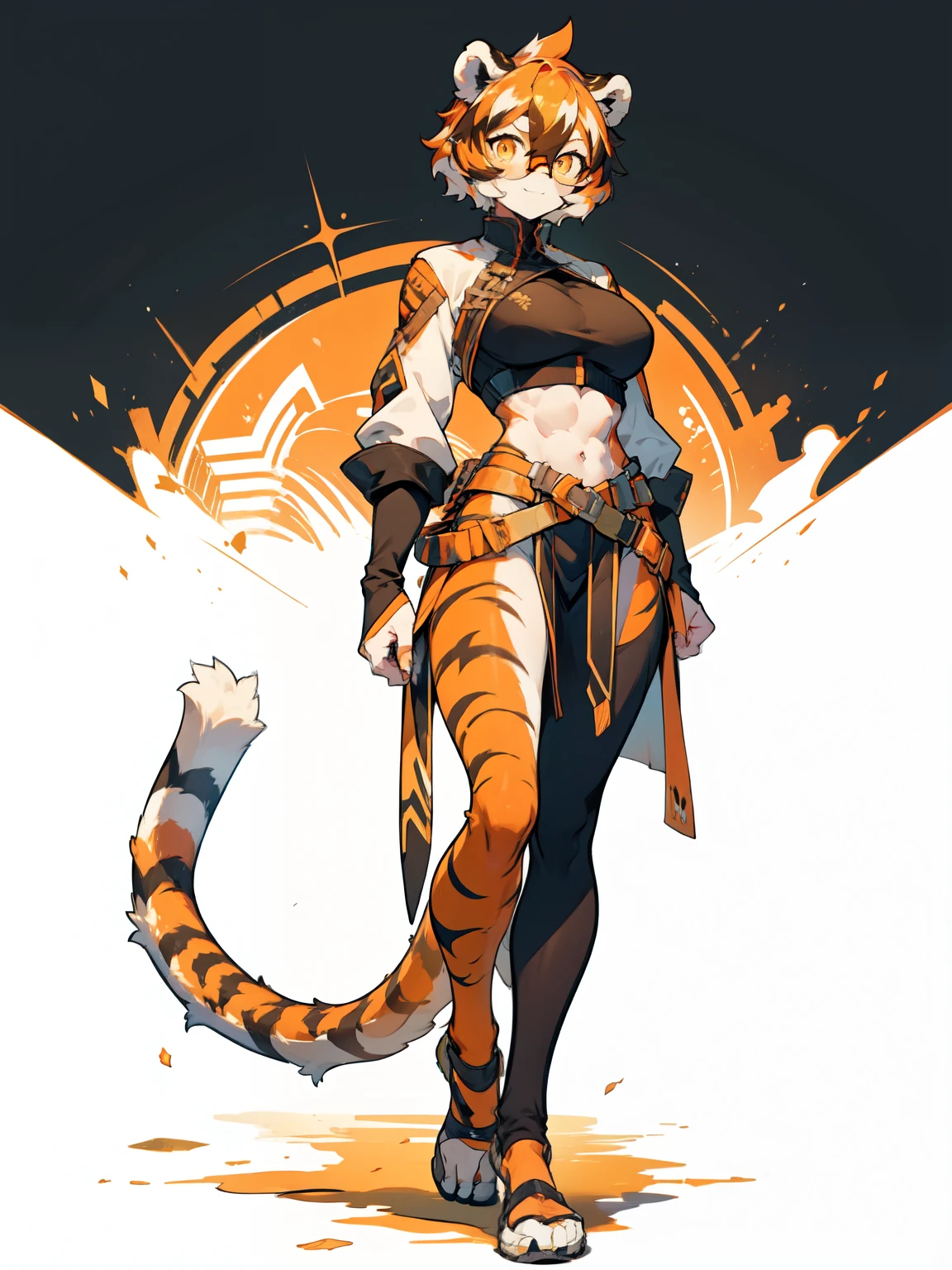 white background, full body, 1girl, solo, Standing:1.5, animal ears, white hair, black hair, short hair, large breasts, Abdominal muscles, tail, orange eyes, orange hair, multicolored hair, tiger girl, hair between eyes, tiger_ears, tiger_tail, orange-tinted_eyewear, tinted_eyewear, big breasts, evil smile, Shadows under feet, sey ass,front and back,Crotch cloth