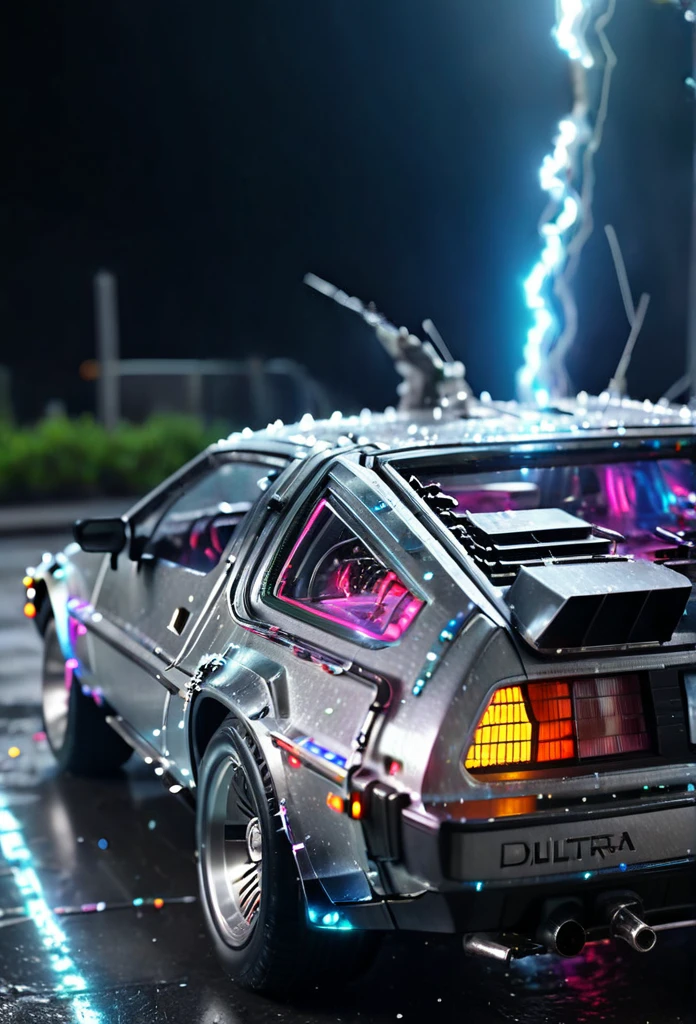 Ultra-Realistic Capture, Very detailedな, High resolution 16K,RAW Photos,Highest quality,masterpiece,reality,Very detailed,bfdlrn,Back to the Future,Time Machine,Delorean,Very fine details,Shiny body,Neon and lightning background,Extremely fine LED particles,A body covered in light particles,Concentrated line,radiation,dazzling,Beautiful woman with arched back,Tank top,Long Hair,Watch the clock,slim,