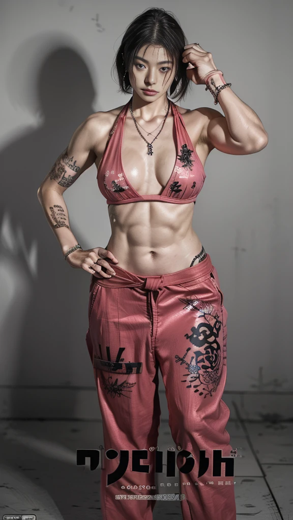 Beautiful Japanese female, (16 years old), Mixed Martial Arts trainer, (Casual clothes with navel exposed:1.3), (MMA gloves ), Fit body, (Muscles:1.2), Athletic feminine body, Female fitness model body, Private MMA octagon background, Masterpiece, Perfect lighting, Ultra high resolution, 8K, She trains men in MMA for a living, She is an exceptional MMA fighter, Hard toned feminine body, (Short hair, bob cut, Pink hair color, Blunt bangs:1.2), (Sexy smile for the camera:0.7), (Very sexy pose), (Holding a very large weapon in hand, Wearing a very large weapon, Standing with a very large weapon, Raising a very large weapon:1.3), (Tattoos all over body, Japanese tattoos on 80 percent of the body:1.5), Red lips, Red high heels, Choker, Necklace, Earrings, (Very detailed:1.4), Front view, Looking at the camera, Pensive expression,