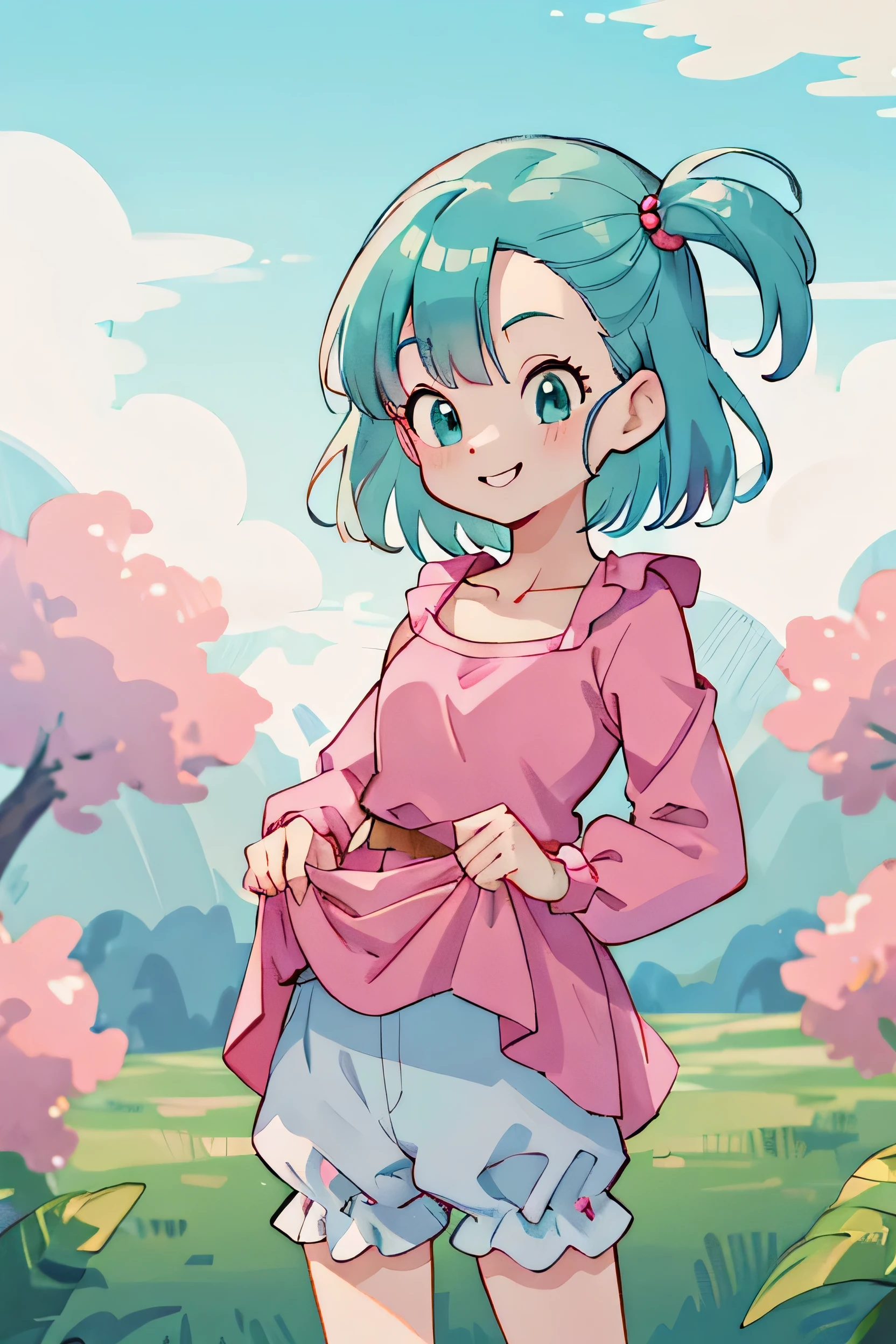 masterpiece, Highest quality, High resolution, Dragon Ball, blmsdup, Bloomers, Aqua Hair, One side up, Pink Dress, Long sleeve, clavicle, Medium chest, Outdoor, Are standing, Cowboy Shot, (Dress Lift:1.2), Wicked Smile,