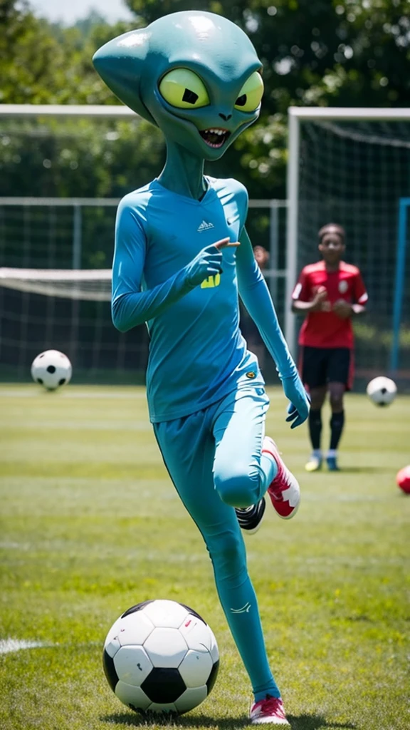 An alien playing soccer