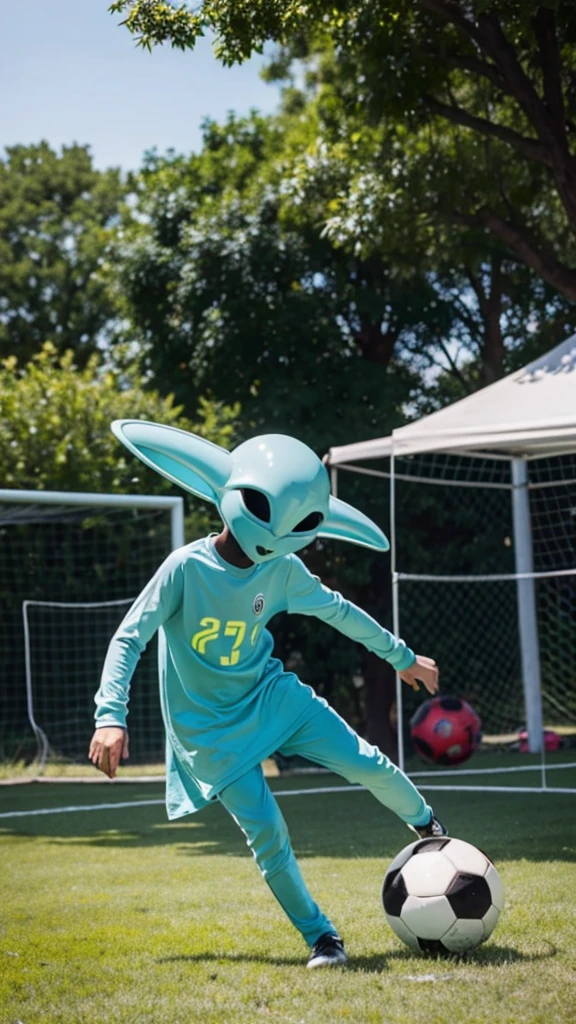 An alien playing soccer
