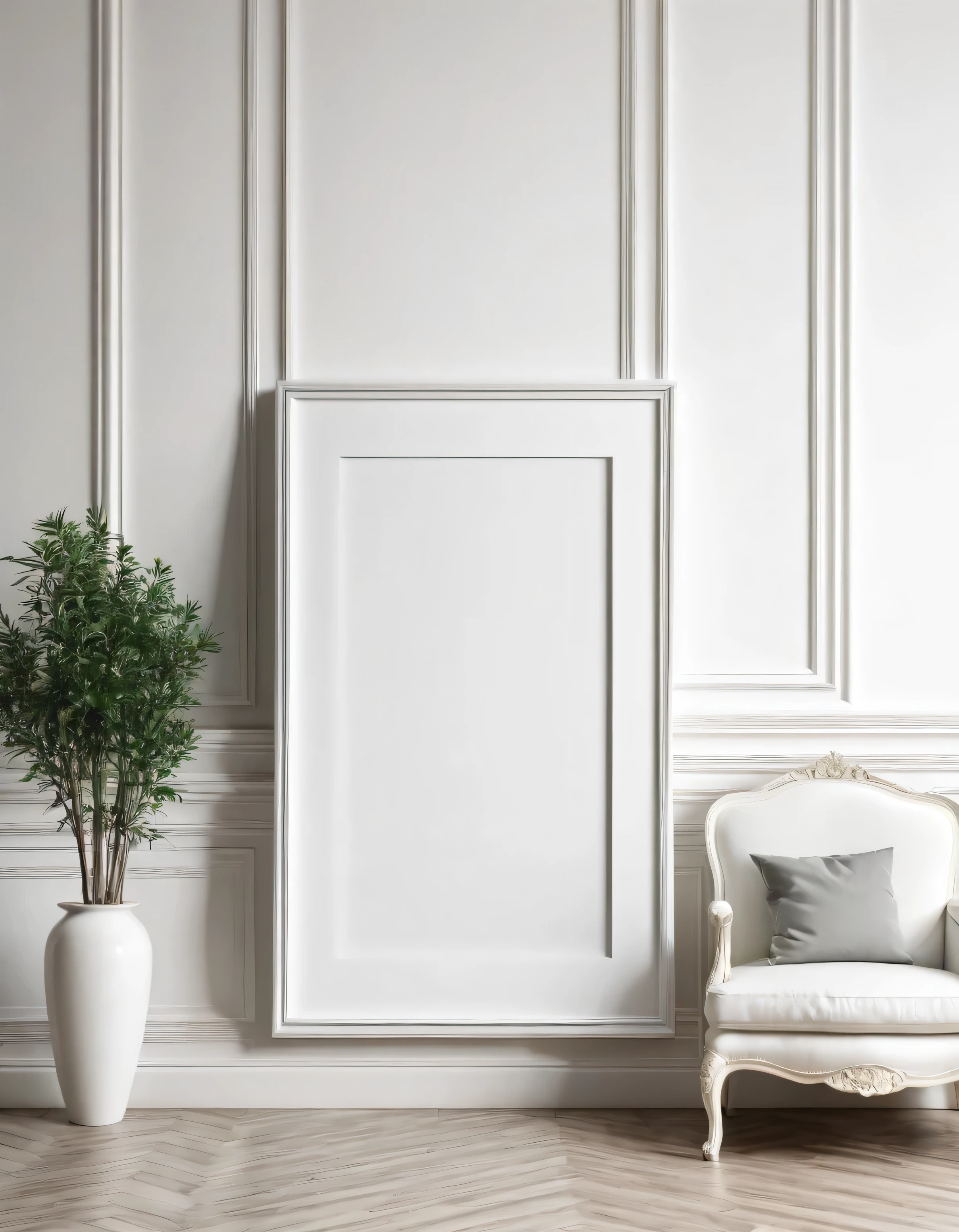 The background of the room and an empty frame, a large white empty photo frame leaning against the wall of the room