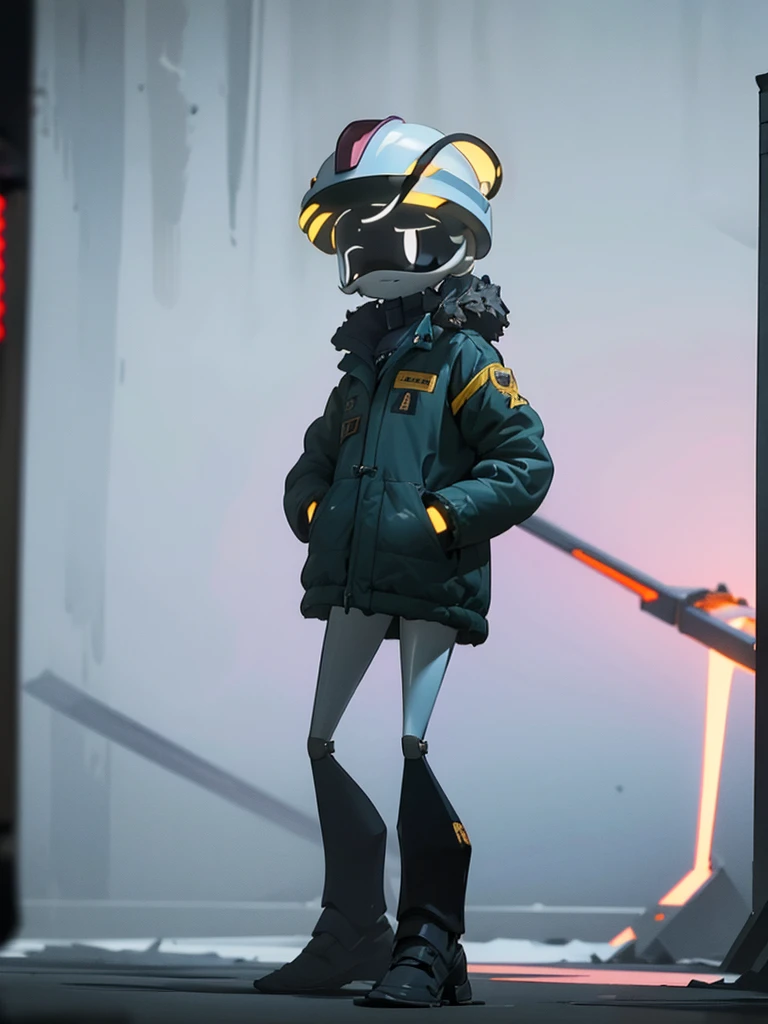 Male, Murder Drone, wearing modified tactical coat and full-face tactical spacesuit helmet, face concealed by helmet, no visible face, white X eyes, standing at attention, hands in pockets, fully in frame, full body shot, facing viewer, lone figure, sole figure, alone, Murder Drones style