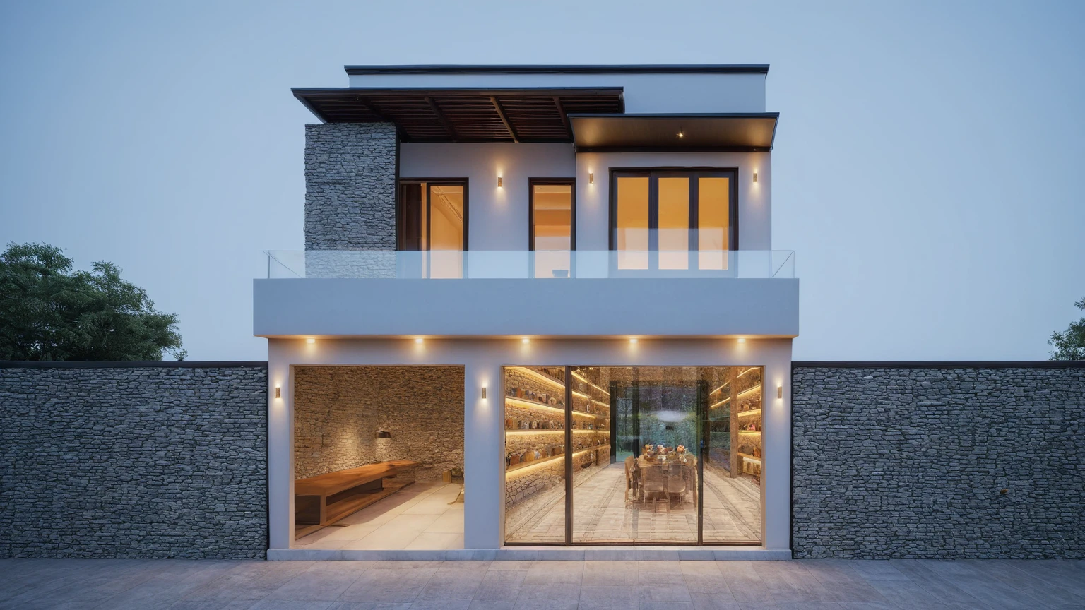 Two-storey townhouse, minimalist architecture, modern house, brightly painted walls, stone wall accents, xingfa aluminum glass doors. In the afternoon light, the construction lights are turned on and you can see furniture, the first floor is for business, the second floor is residential. realistic representation. surrealist house