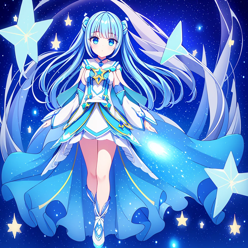 1girl、Star Fairy、Star incarnation、Character design front view、A picture facing the viewer、(((Super detailed、Highest quality、Masterpiece)))、Original cute hairstyle、Milky white and blue hair color、Simple Green Background、vtuber-fullbody,