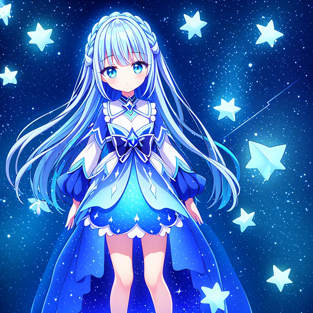 1girl、Star Fairy、Star incarnation、Character design front view、A picture facing the viewer、(((Super detailed、Highest quality、Masterpiece)))、Original cute hairstyle、Milky white and blue hair color、Simple Green Background、vtuber-fullbody,