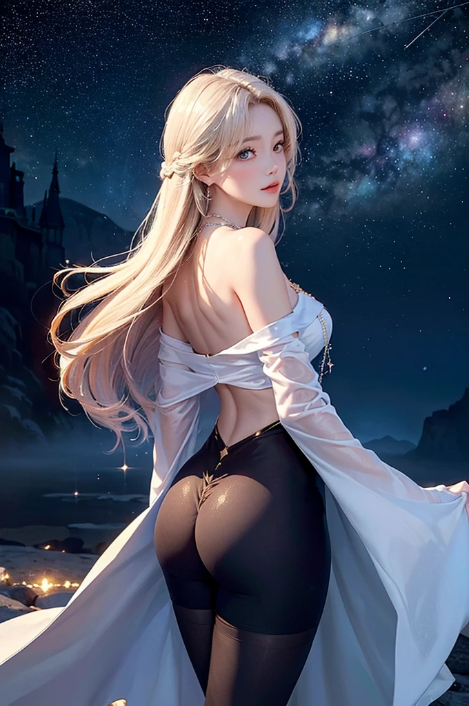 I want to be a powerful person in the shadows!,alpha,Beautiful white blonde hair,A beautiful Blue eyes,elven ears,Beautiful white skin,Gothic dresses,Photorealistic,An ultra-high picture quality,high qualiy,Masterpiece artwork,slr digital,Detailed back details,details Intricate,Based on anatomical bases,Portrayed in detail,face detailed,realistic skin textures,vivid details,Perfect Anatomia,Perfect Anatomia,Anatomically correct hand,Anatomically correct fingers,super detaill,Complex 3D Rendering,Colossal ,pose sexy,nice back view,sexy hips,white gold rose hat,White fur coat,Gift ribbon,Put it in a nice frame and display it,Bright red nails and a beautiful sunset,clear and cold sky,fantastic sunset,beautiful christmas scenery,mysterious snow scene,It's snowing,beautiful lighting,Christmas tree,picturesque beauty,Photograph the entire body,9 head body,Pink Lip,Luxurious necklace,emphasize the beautiful whole body,nails beautiful, ass exposed