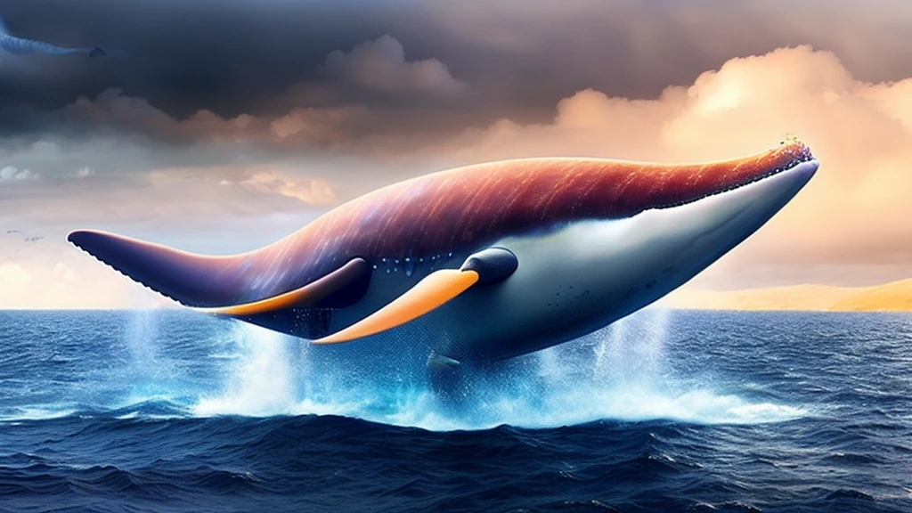 Flying whale jumps over a yacht, opening its huge mouth, clear sunny sky, splashing water, (best quality,4k,8k,highres,masterpiece:1.2),ultra-detailed,(realistic,photorealistic,photo-realistic:1.37),detailed whale anatomy,dramatic lighting,cinematic composition,vibrant colors,smooth shading,dramatic ocean waves,shimmering sun reflection,