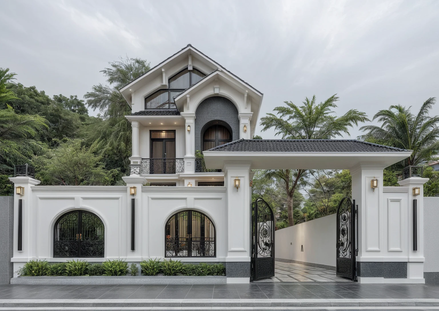 RAW photo, a photo of a modern house, (curvilinear archrchitecture:1.4), Wabisabi style rounded wall, white wall, steel black gate, sidewalk, sidewalk trees, ((grey gate:1.2)), road, viet nam modern residence, ((architectural shot)), rough white wall, new residential area, wide angle exterior 2022, contemporary house, exterior photography, masterpiece, contemporary architecture, overcast, indirect lighting