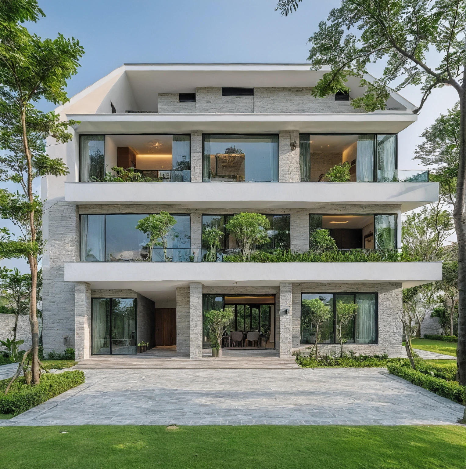 High quality, best quality, authentique, great detail, 3-storey villa, modern style,tile roof, simple facade, glass windows, stone walls, trees, lawn, front garden, masterpiece, realistic,