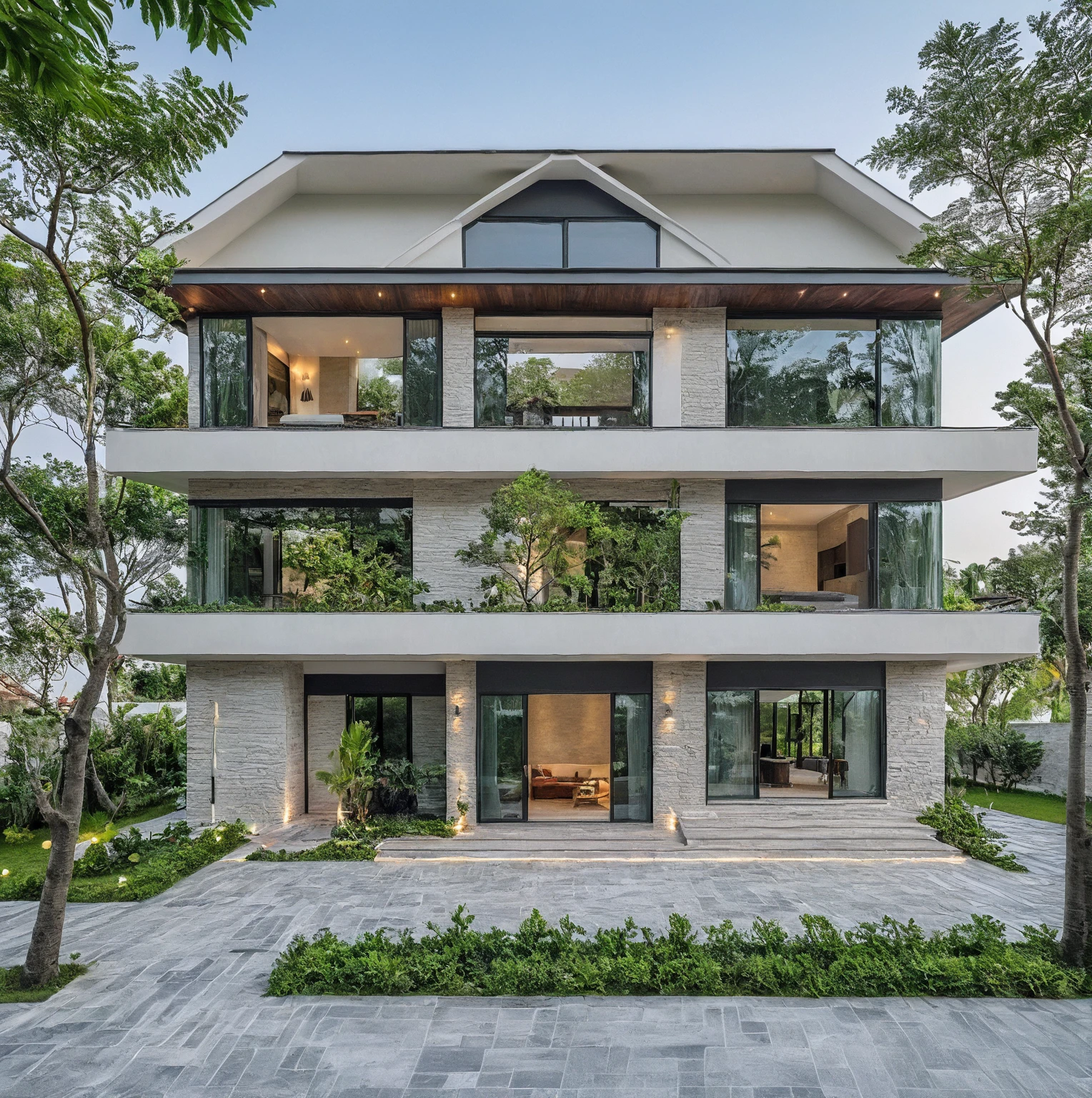 High quality, best quality, authentique, great detail, 3-storey villa, modern style,tile roof, simple facade, glass windows, stone walls, trees, lawn, front garden, masterpiece, realistic,