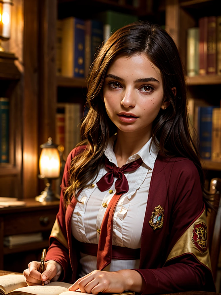 Close-up photo, Emily Ratajkowski, Hogwarts student uniform, Gryffindorf, posing in magic workshop, looking at viewer, soft light passing through, dim light, magic, depth of field, bokeh