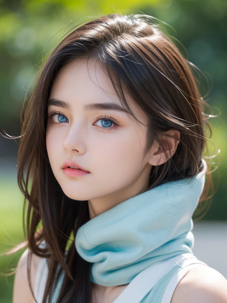 A teenage-looking girl, girl with dark brown hair, light blue eyes with central green heterochromia and both, smooth-looking white skin and thick eyebrows, medium lips and body