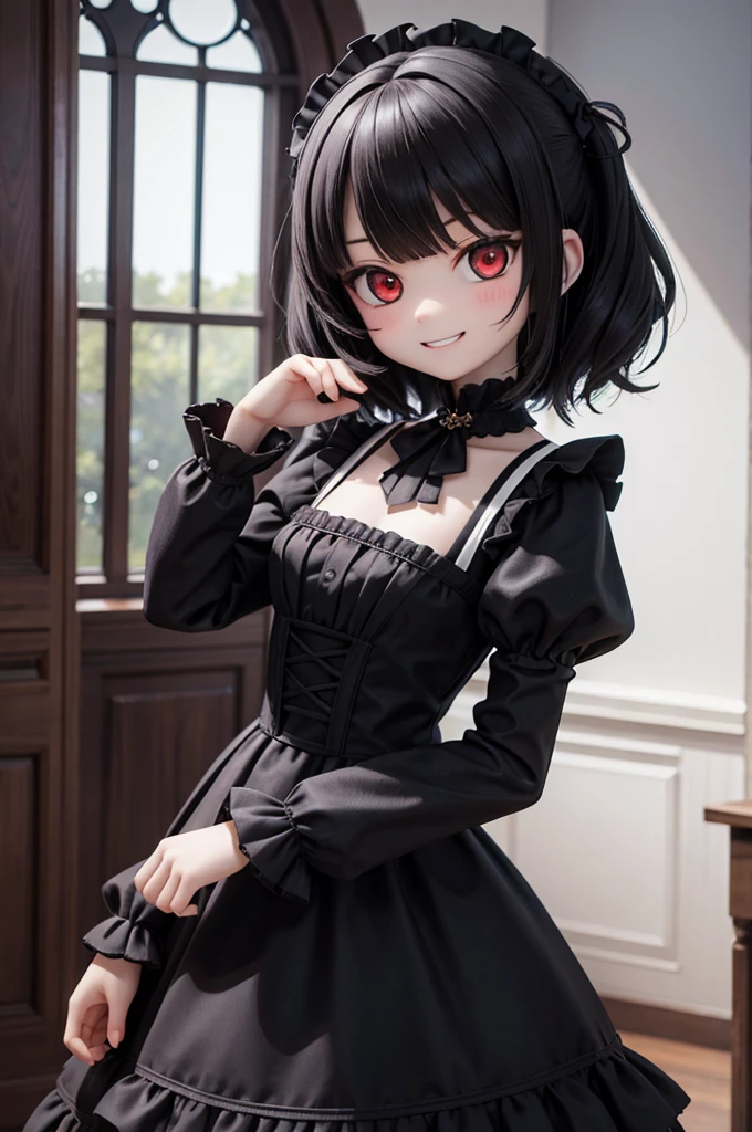 (masterpiece), indoors, light particles, gothic, victorial, 1girl, medium hair, black hair, (red eyes:1.2), black dress, frills, frilled dress, puffy sleeves, grin