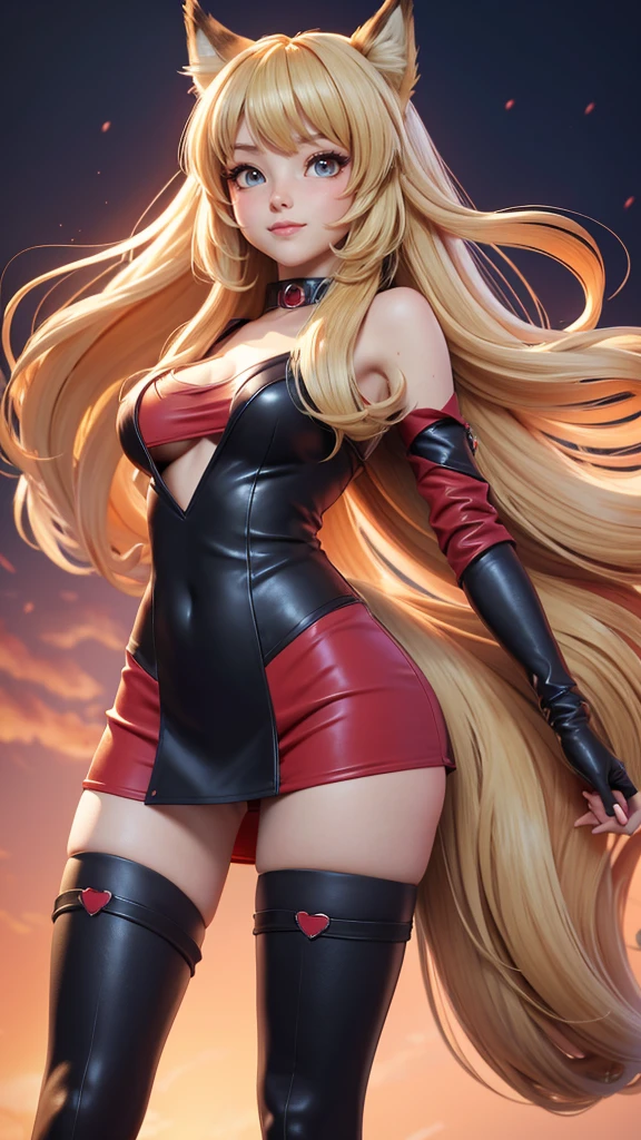 a woman in a long red shirt, low cut v-neck shirt, clevage, medium breasts, thigh high boots, black stockings, standing in front of a crowd, asymetrical outfit, no pants, beautiful anime catgirl, anime girl with long hair, anime girl, an anime girl, (anime girl), cute anime catgirl, anime catgirl, beautiful anime girl, holo if a wolf girl, holo is a wolf girl, cute anime girl, blonde anime girl with long hair