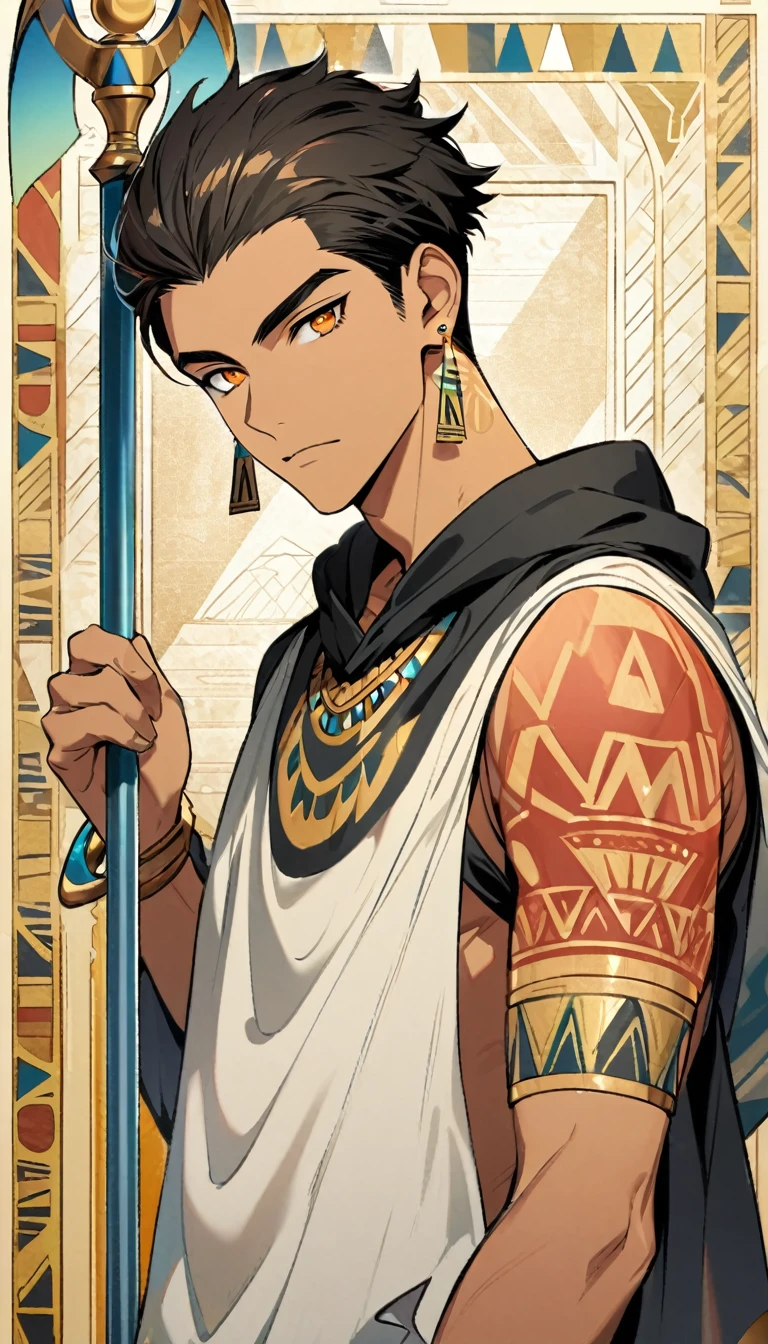 Egyptian Background,Handsome young man, blond, Orange Eyes, short hair, Black Hoodie,high quality, Draw Amount, pixiv illustrations,Tanned skin,Red tattoo on the arm,(Egyptian style,Egyptian Dress Up),Scepter,earrings
