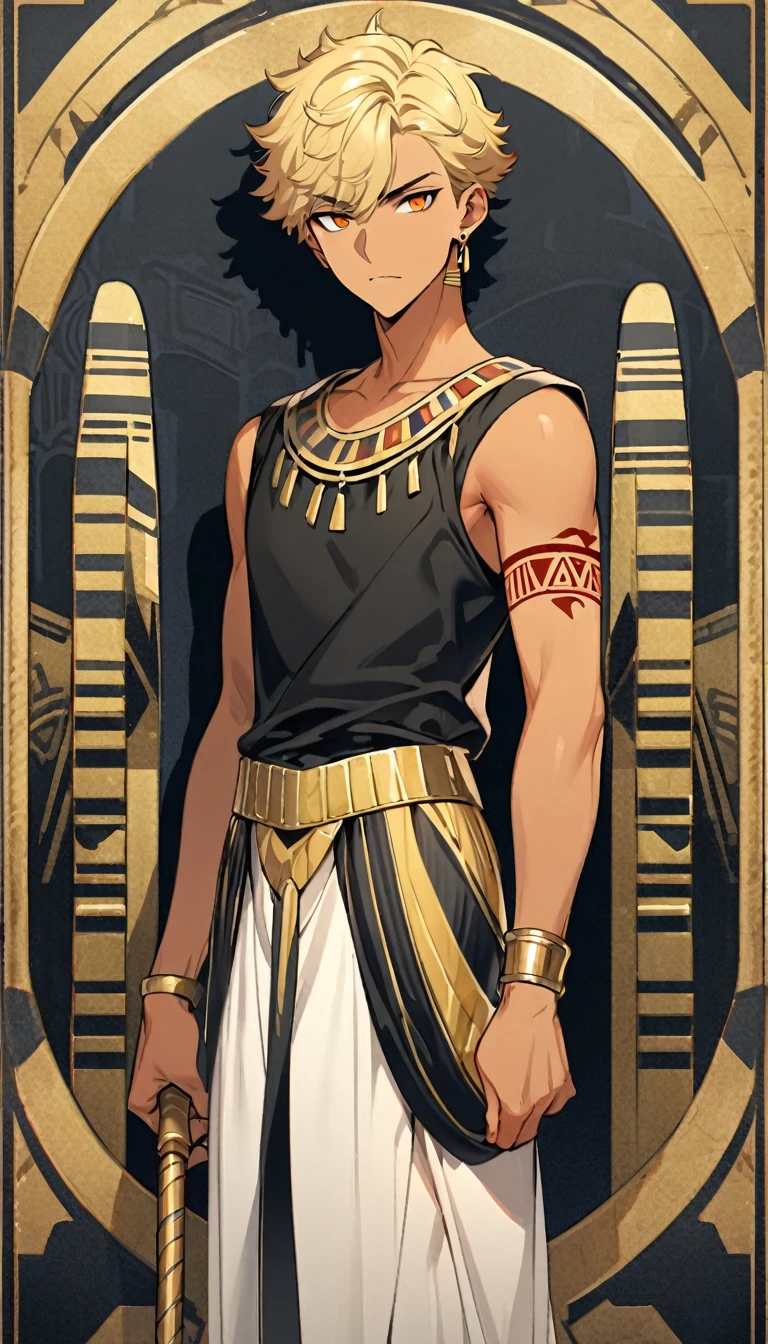 Egyptian Background，Handsome young man, blond, Orange Eyes, short hair, Black Hoodie,high quality, Draw Amount, pixiv illustrations，Tanned skin，Red tattoo on the arm，(Egyptian style，Egyptian Dress Up)，Scepter，earrings