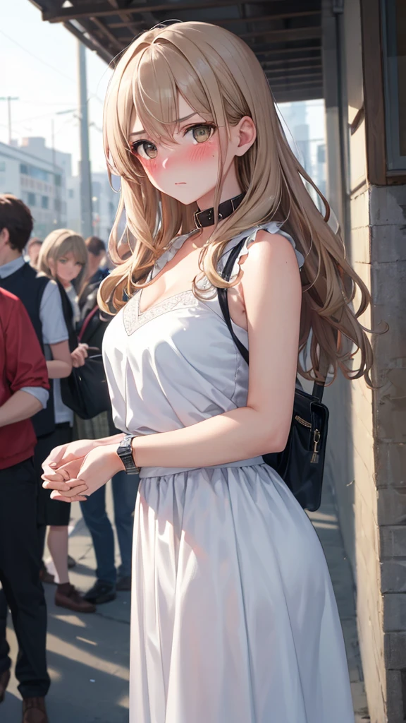 (8k、Best image quality、Highest quality、masterpiece)、Detailed face、Detailed Background, Improve、A beautiful 35 year old woman, Light Brown Hair, Long wavy hair, blunt bang, Light-colored sunglasses, Big Tits, Big Ass, Sleeveless white blouse with collar, White long skirt, Fold your hands in front of your body, I noticed this, (A tense look:1.5), (Blushing:1.4), Standing in front of the station, Watch in the right hand, Waiting for someone, crowd, Angle from a little distance, Cowboy Shot