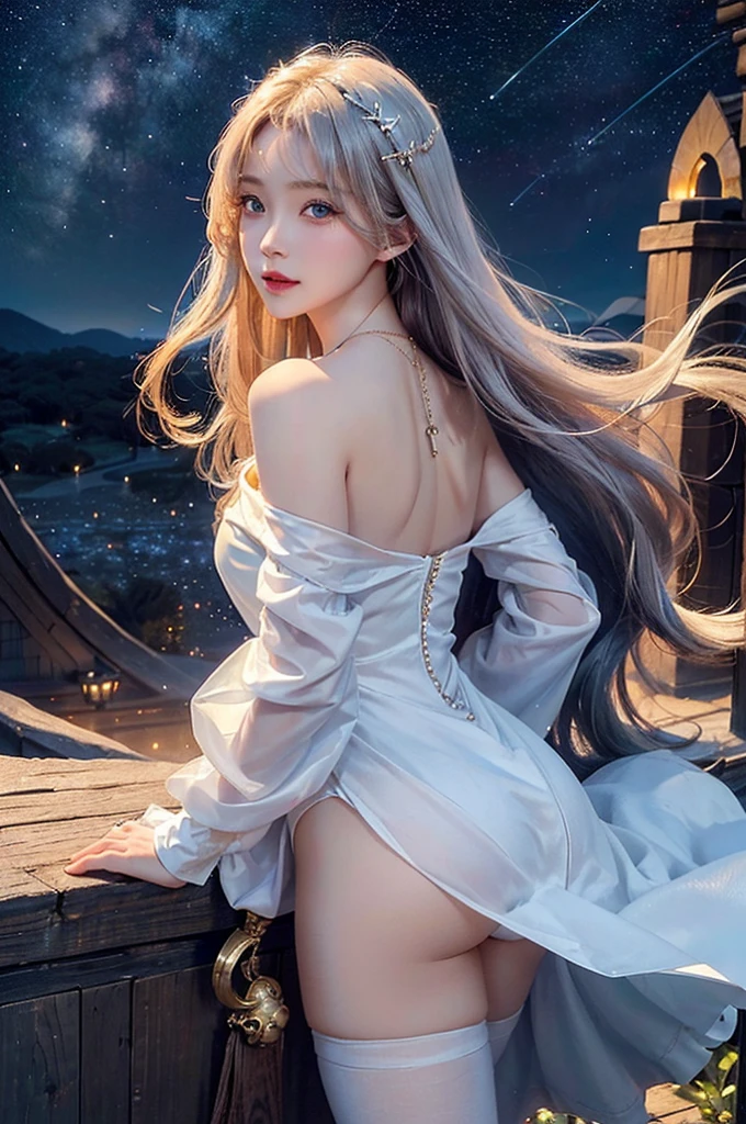 (masterpiece:1.5, Highest quality, Very detailed、 Dutch Angle、Semi-realistic、Fantasy)(One Girl, alone)(White and beautiful hair:1.4,,Straight Long Hair)(White based dress、Fantasyの衣装)、((Off the shoulder、Mid-chest、ruby necklace))(from back side,The buttocks are slightly visible、Legs wrapped in tights)(Beautiful starry sky、Mystical Night、Particles of light float around the woman、Fantasy space) Waiting to start