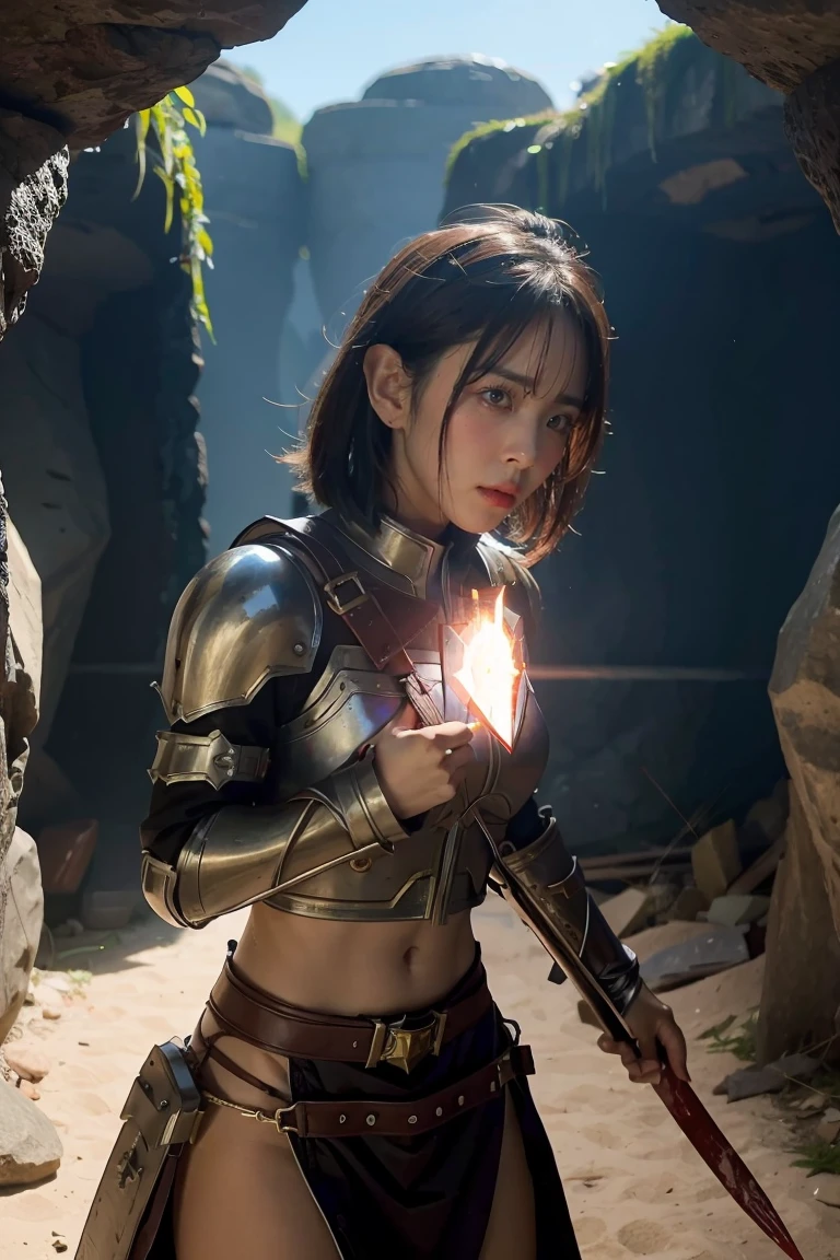 1girl, solo, shield, aura, cave, goblin fighting, blood, paladin, steadfast look