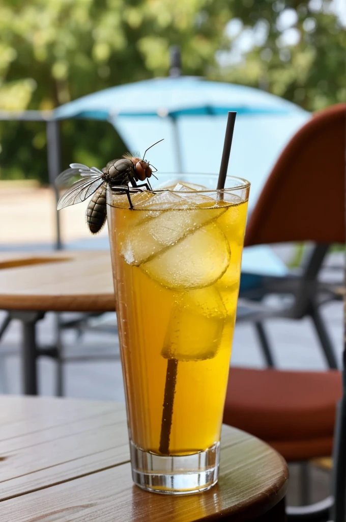 A fly sitting on a chair having a drink